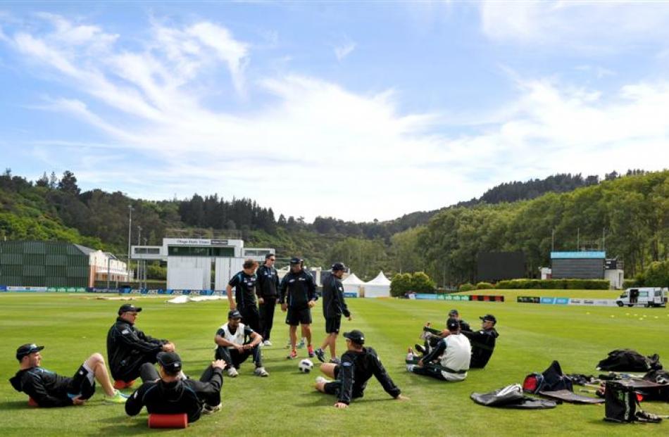 Black Caps players and management relax at the University Oval yesterday ahead of the first test...