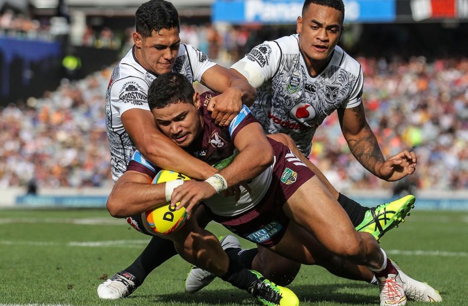 Brayden Williame of the Sea Eagles scores a try during the 2016 Auckland Nines match between the...