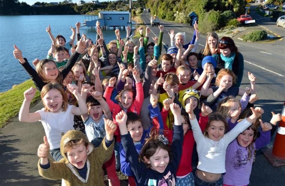 Broad Bay School pupils, with Otago Community Board chairwoman Christine Garey and teachers...