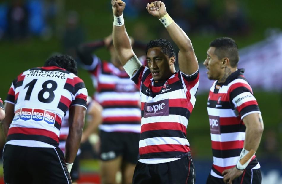 Bundee Aki of Counties celebrates on full time during the round nine ITM Cup match between...