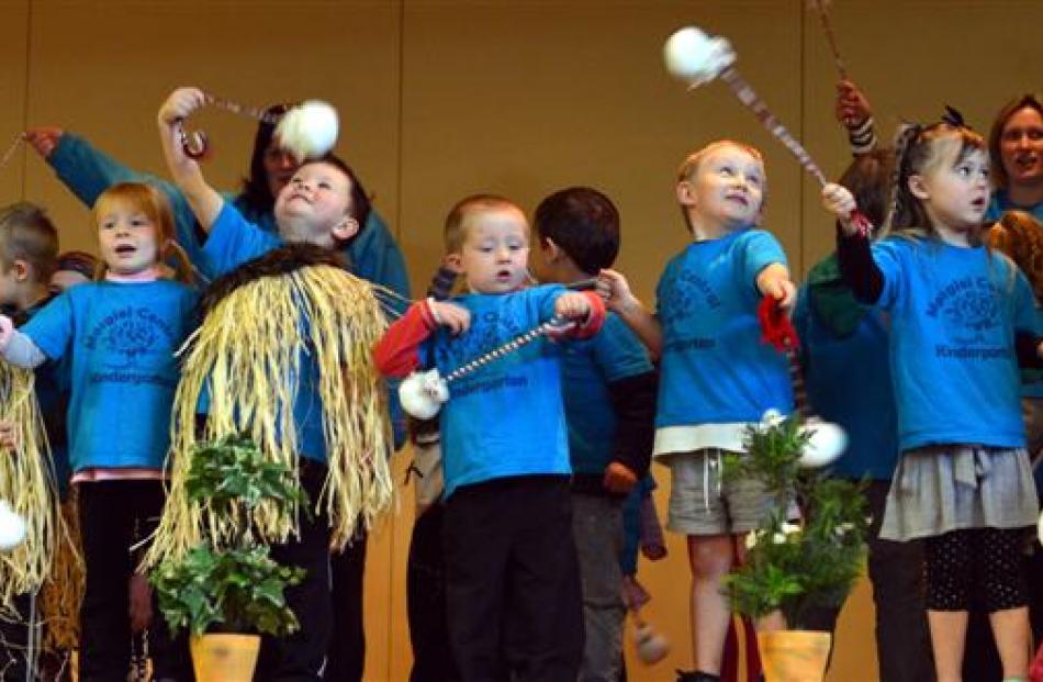 Children from Mosgiel Central Kindergarten perform a poi dance at the Taieri Schools Kaupapa...