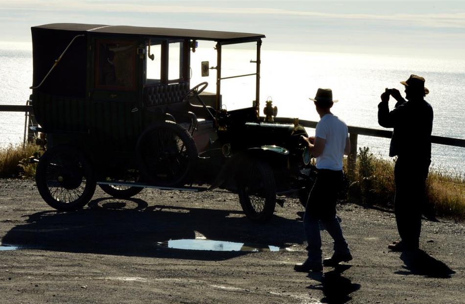 Chris Peacock (left, 43), of Rolleston and Hans Compter (76), of Kauri, photograph a 1910 Veteran...