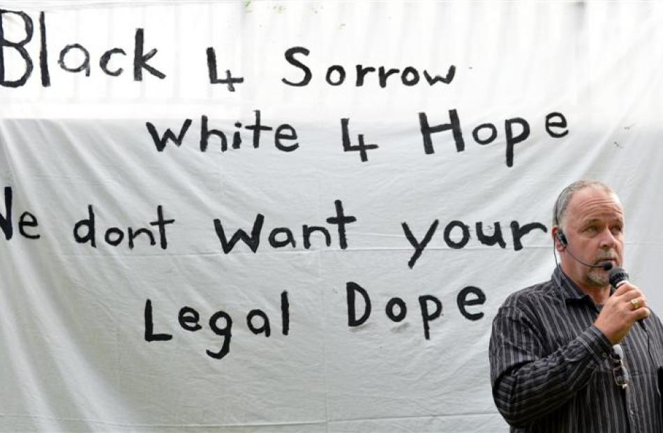 Concerned parent Calvin Hooper speaks at a protest against synthetic cannabis in Dunedin on...