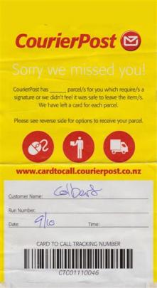 CourierPost's ''Sorry we missed you!'' card.  Photo by Roy Colbert.