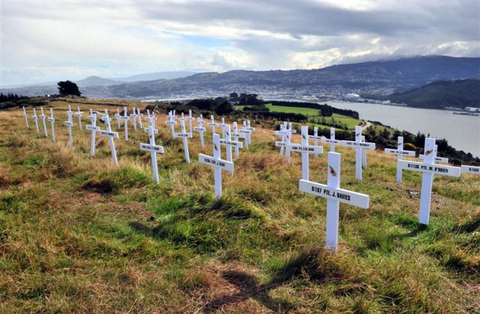 Crosses for soldiers who died during the Gallipoli campaign during World War 1, including Otago...