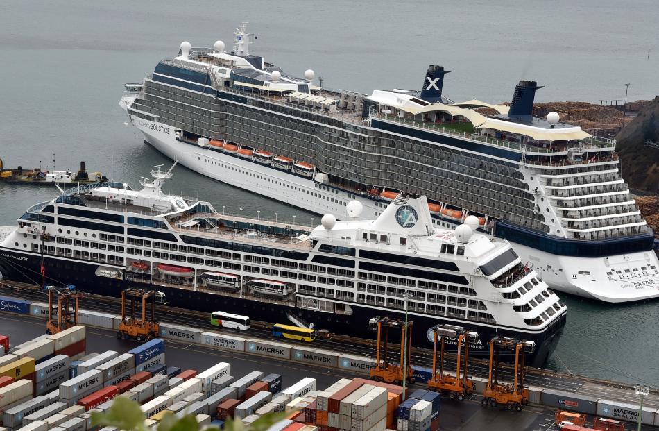 Cruise liners Azamara Quest  (foreground) and Celebrity Solstice docked in Port Chalmers...