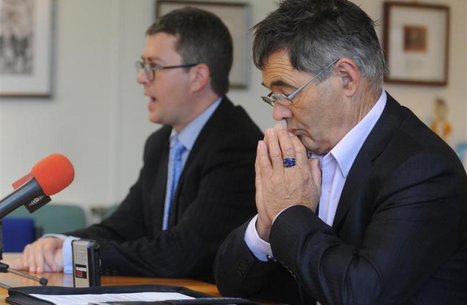 Dunedin Mayor Dave Cull and chief executive Paul Orders  (background) at a press conference to...