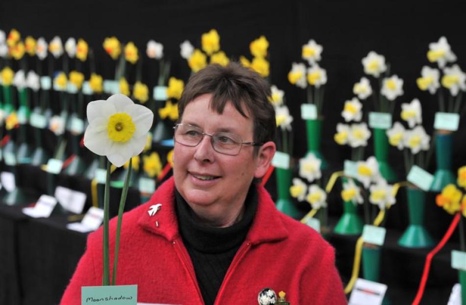 Denise McQuarrie with her winning bloom, Moonshadow, at the World Daffodil Convention 2012 in...