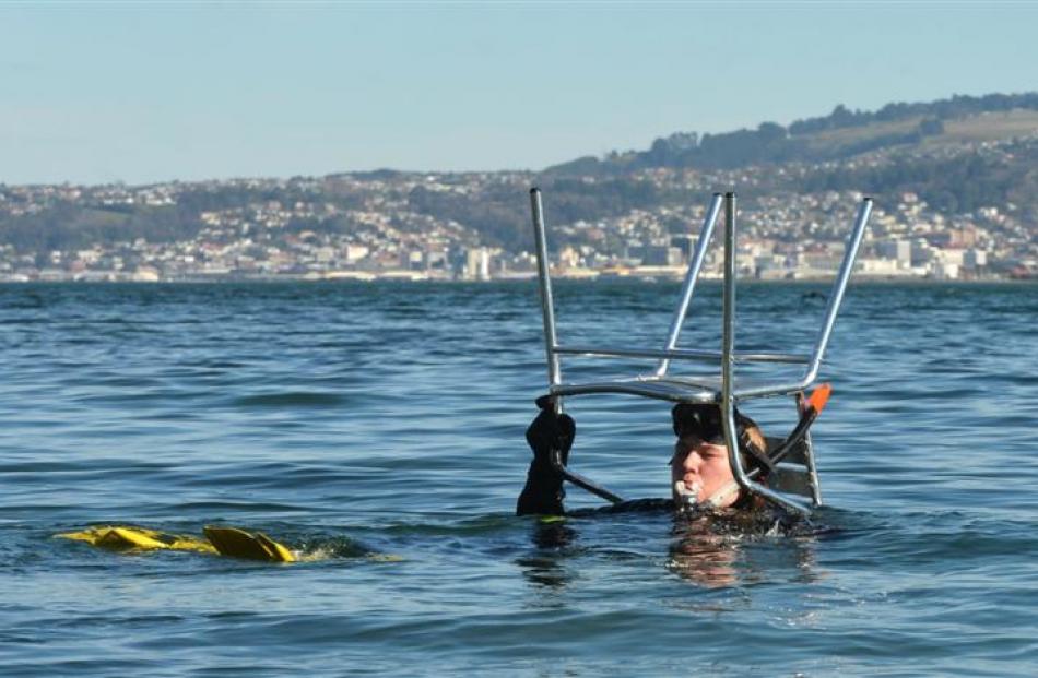 Dive Otago instructor Kelly Boal salvages a chair from  Macandrew Bay yesterday. Photo by Stephen...