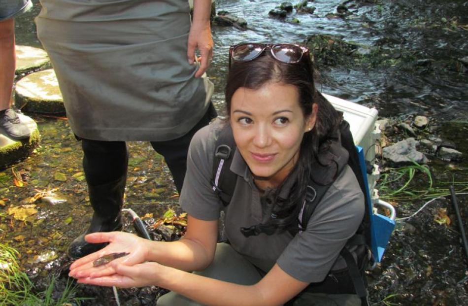 Doc coastal Otago freshwater ranger Lan Pham shows off some of the aquatic life in Oamaru Creek.