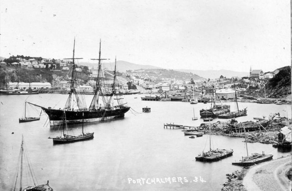 Don Juan at anchor in Port Chalmers about 1875, before being broken up and left to rot at Deborah...