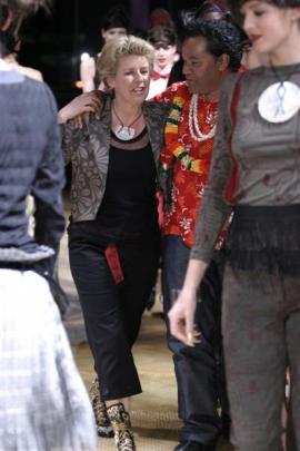 Doris de Pont and artist John Pule celebrate following the launch of her  ''Let's Gather Here''...