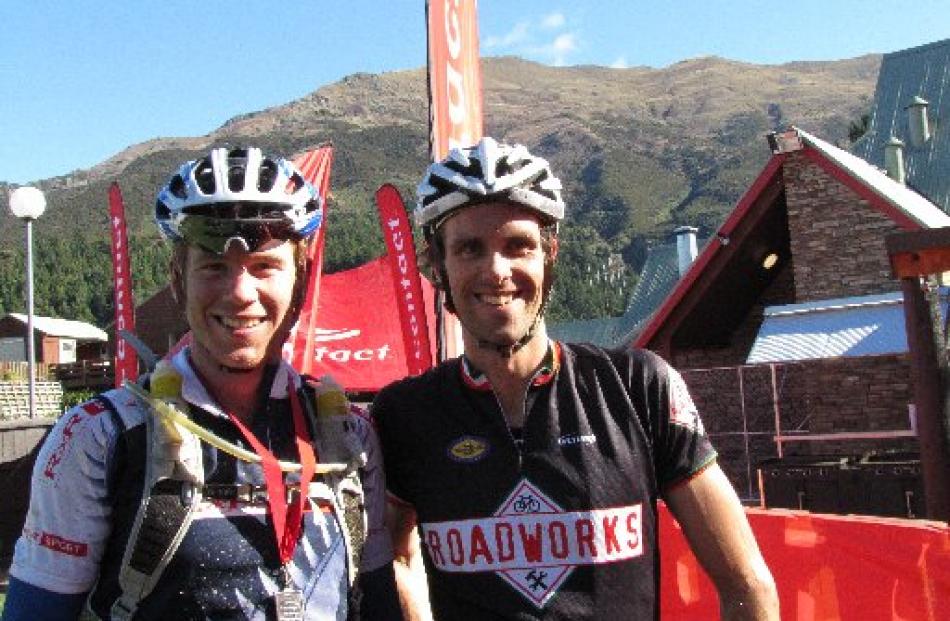 Dougal Allan (left) of Wanaka and Tim Wilding of Wellington at the end of the Contact Epic 125km...