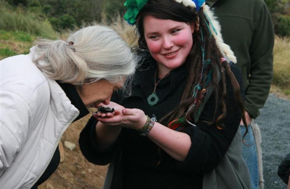 Dr  Jane Goodall  on a previous visit to Orokonui, gets to smell Kiwi poo. Photo by Neville Peat.