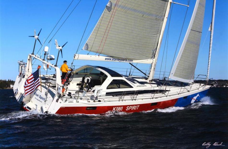 Dr Paris and his yacht Kiwi Spirit, off the coast of St Augustine, Florida, during sea trials....
