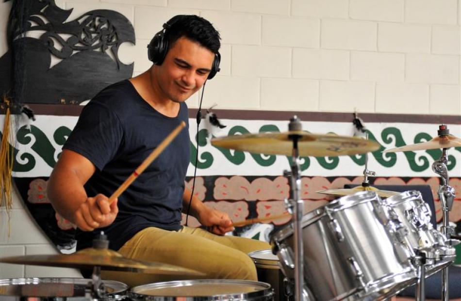 Drummer Dylan Elise entertains trainees at the Kokiri Training Centre during Youth Week yesterday...