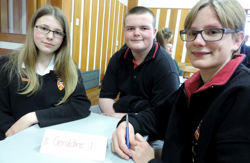 Geraldine High School  pupils  (from left) Emily Dodd, Matthew Hornsby, and Logan Keggenhoff (all...