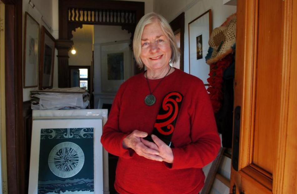 Dunedin artist and teacher Marilynn Webb at home with her Nga Tohu a Ta Kingi Ihaka yesterday....