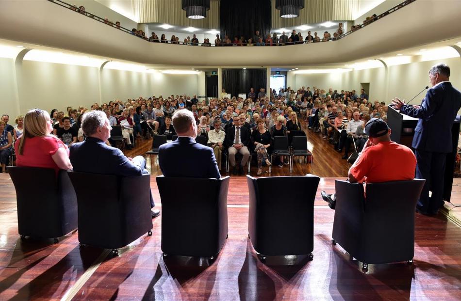 Dunedin Mayor Dave Cull speaks to the 250-strong crowd in the Glenroy Auditorium last night....