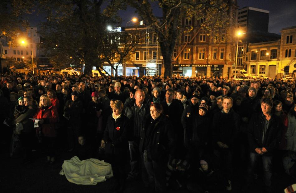 Part of the large crowd at yesterday morning's Anzac dawn service at the Cenotaph in Dunedin.