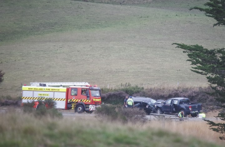 Emergency services at the scene of the crash on State Highway 1 near Moeraki this afternoon....