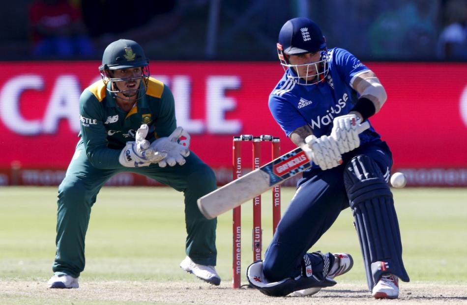 England's Alex Hales plays a shot during the second One Day International cricket match against...