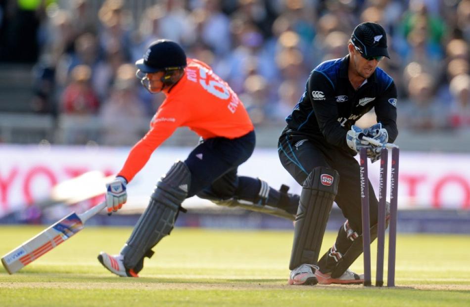 England's Jason Roy is run out by New Zealand's Luke Ronchi during the England v New Zealand T20...