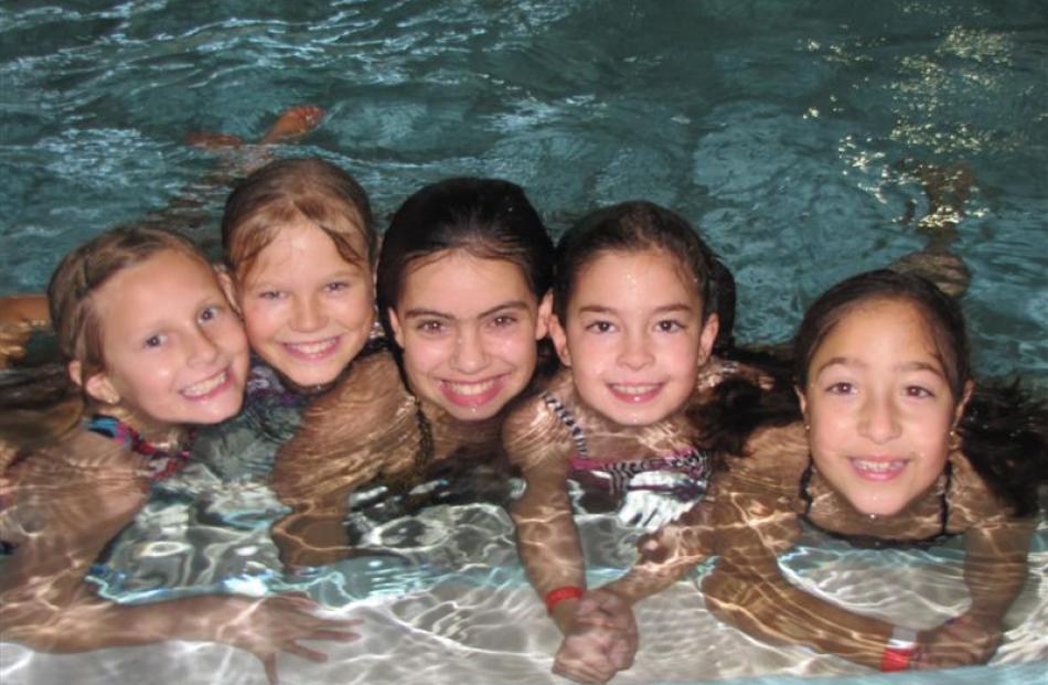 Enjoying Lakes Leisure's school holiday programme at Alpine Aqualand on Wednesday are, from left,...