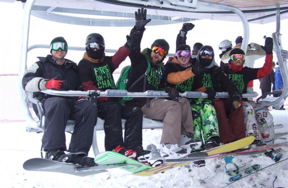 First on the new Curvey Basin chairlift at the Remarkables ski area yesterday are (from left)...