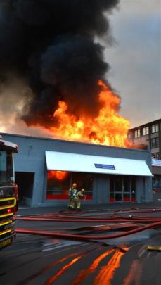 Flames leap high at the central Dunedin digital print and document centre Colortronics yesterday...