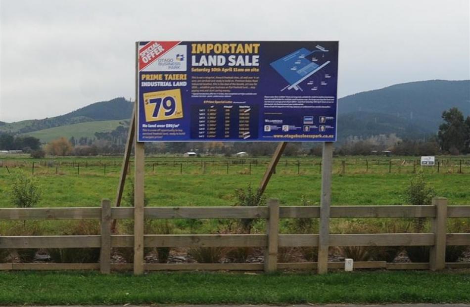 For sale and for lease signs on industrial land on Dukes Rd, near Mosgiel. Photo by Peter McIntosh.