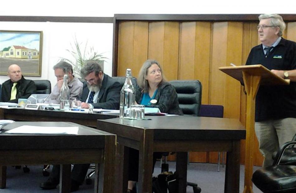 Former Waimate mayor David Owen (right) makes his submission yesterday to the Waimate District...