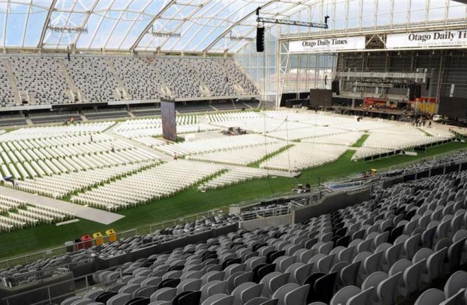 Forsyth Barr Stadium undergoes a transformation before hosting a concert by Elton John in 2011....
