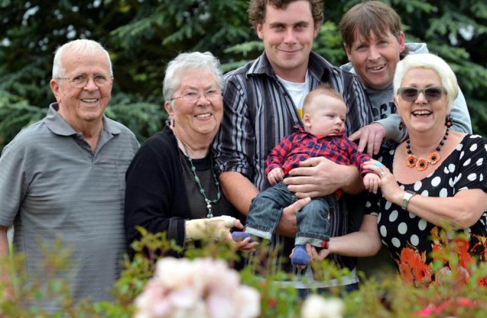 Geoff  (86) and Helen Hinds (86) with (from left),  great-grandson Damian McDermott (22), great...
