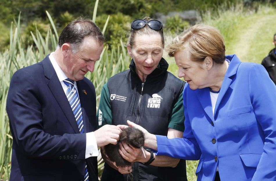 Germany's Chancellor Angela Merkel pets a native Kiwi named Whau, next to Department of...