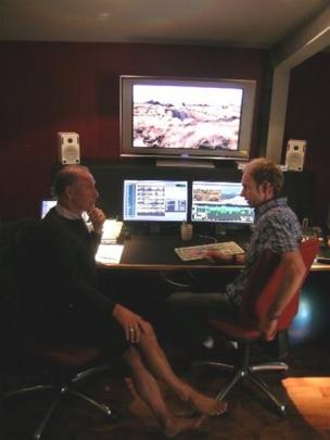 Grahame Sydney (left) and film editor Phil Hurring shape the film's final form. Photo Marjorie Cook.