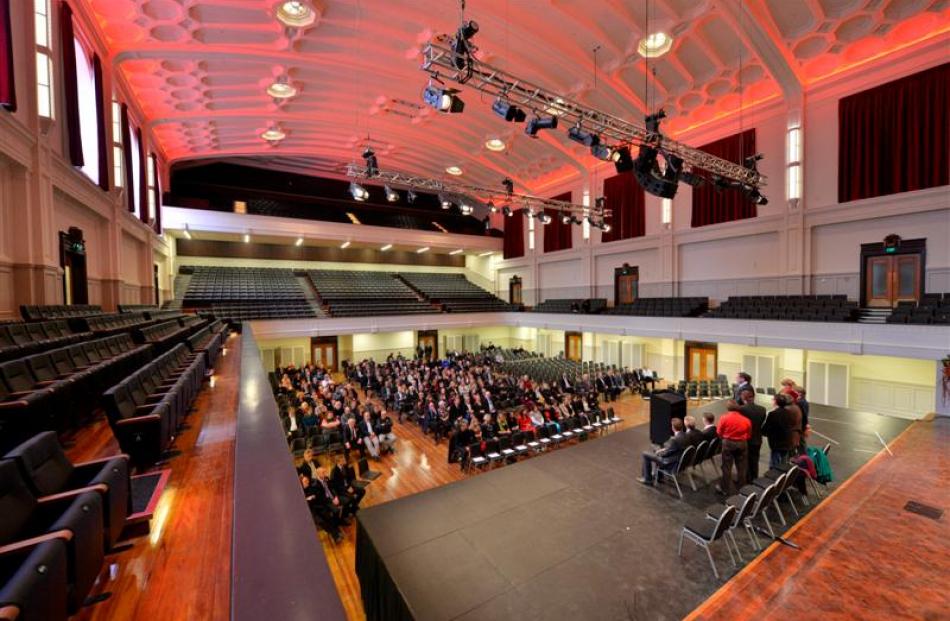 Guests attend a low-key ceremony to mark the reopening of Dunedin's refurbished town hall...