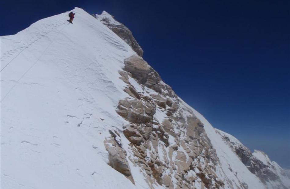 Guy Cotter leads the way to the summit of Manaslu. Photo supplied.