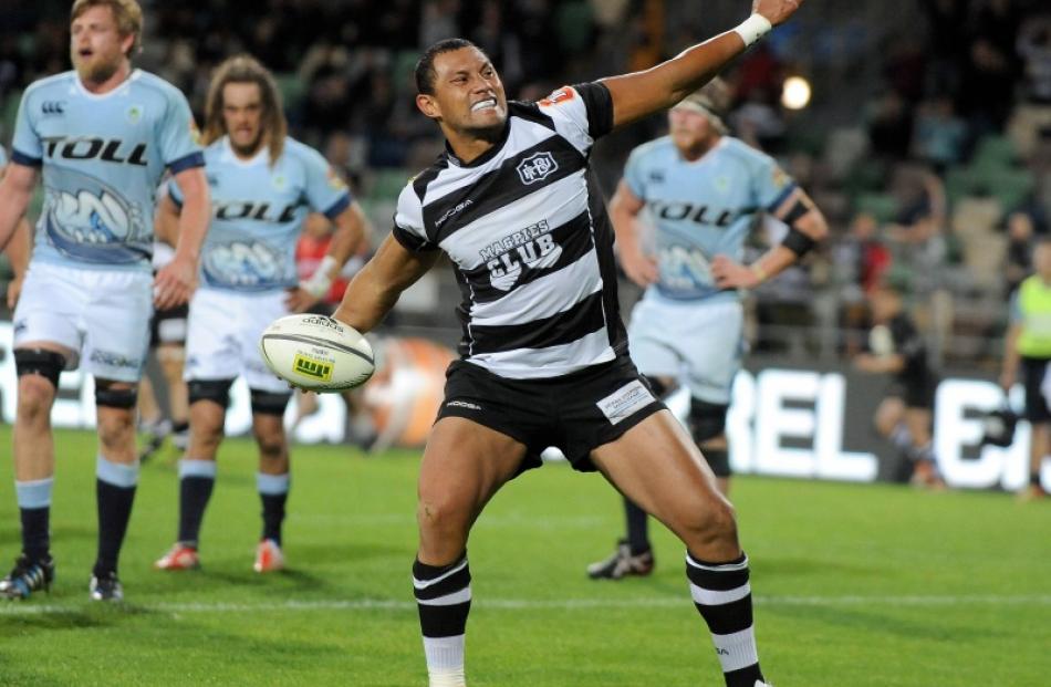 Hawkes Bay's Robbie Fruean celebrates a try during the ITM Championship semi-final between Hawkes...