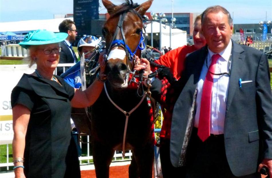 Heather and Lex Williams with Petite One after her record-breaking win at Addington yesterday....