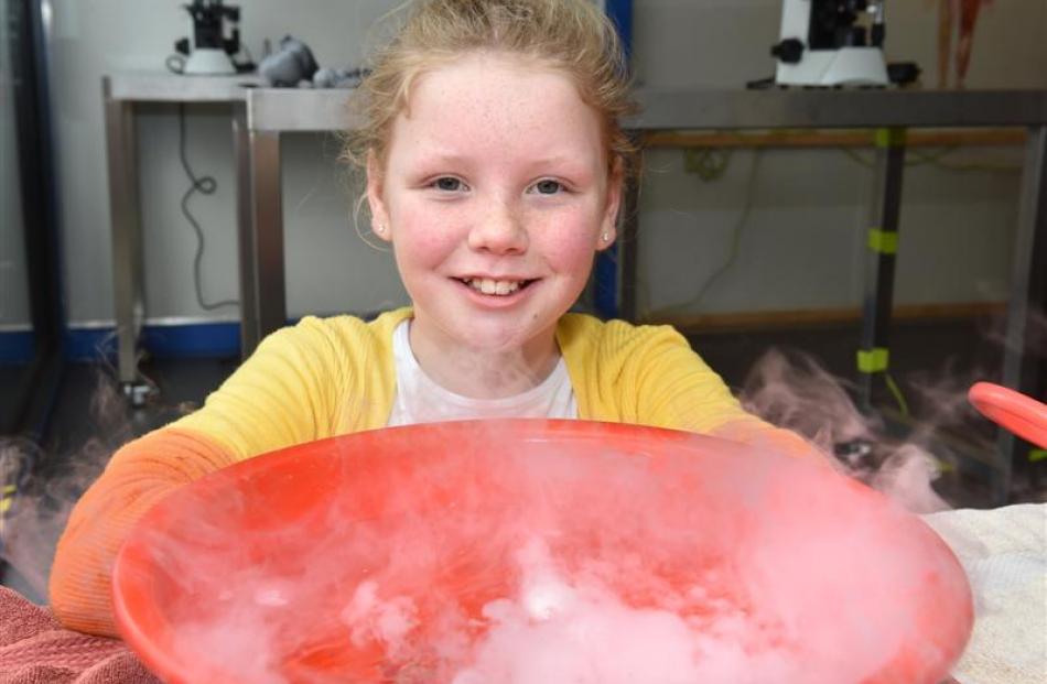 Victoria Dearden (11), a pupil at Kaikorai Primary School,  takes a close look at what is on...