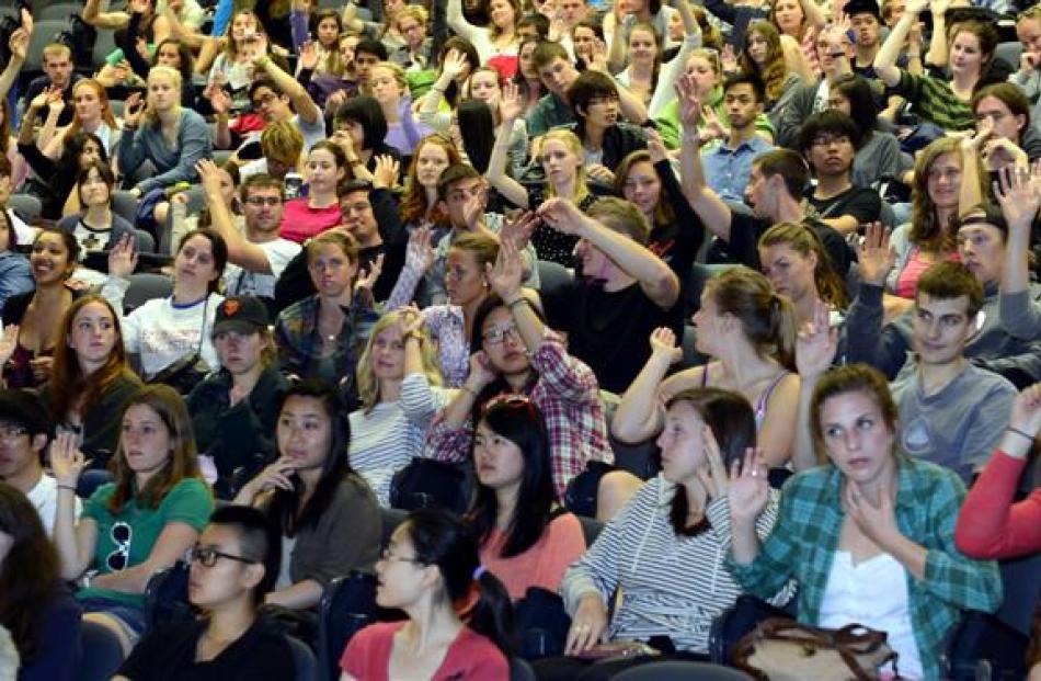 International students sit through a lecture welcoming them to the University of Otago yesterday.