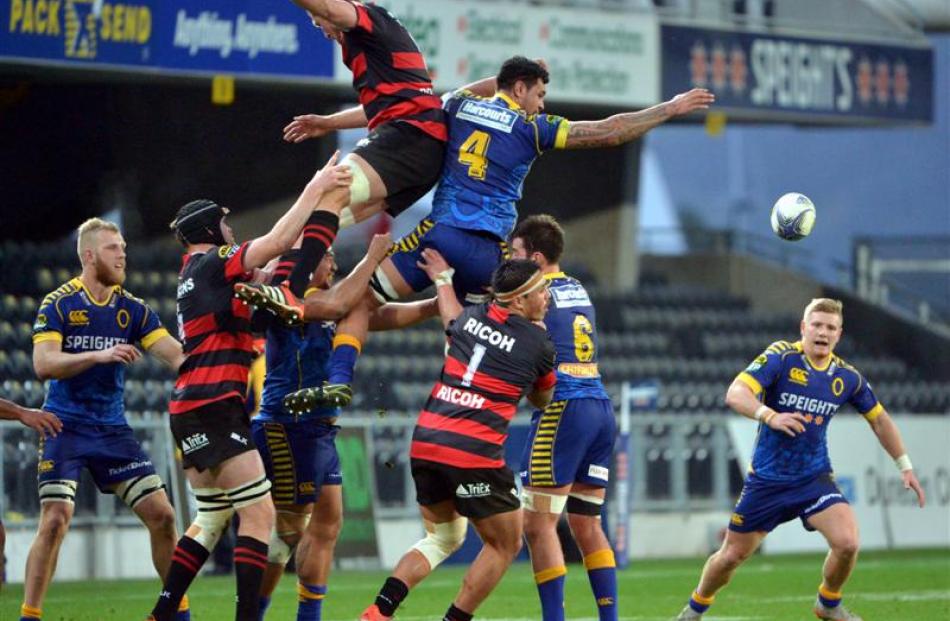 Jackson Hemopo flicks the ball back to Kaide Whiting at a lineout in Otago's loss to Canterbury....