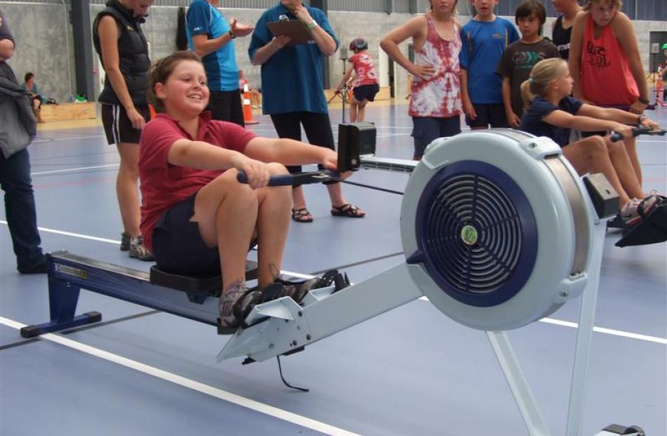 Jaclyn Williams (11), of Clutha Valley Primary School, competes in the virtual triathlon at the...