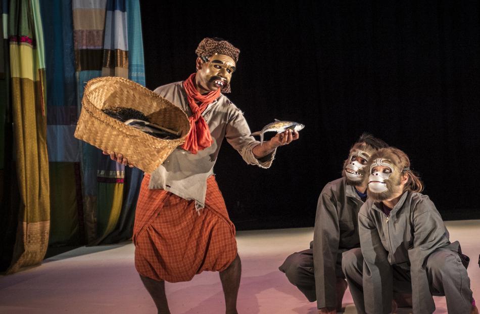 Jacob Rajan (left) James Roque (centre) and Julia Croft in Kiss the Fish. Photos by John McDermott.