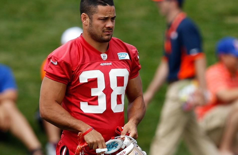 Jarryd Hayne of the San Francisco 49ers works out during a joint training session with the San...