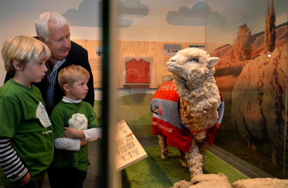 Johim Perriam looks at the Shrek mount in Te Papa with his grand-children Ollie (7) and Max (5)....