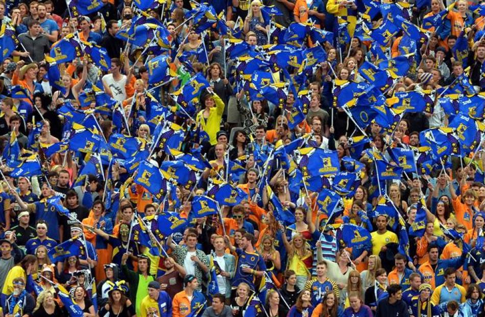 Jubilant Otago University students pack ''The Zoo'' at  Forsyth Barr Stadium on Saturday night...