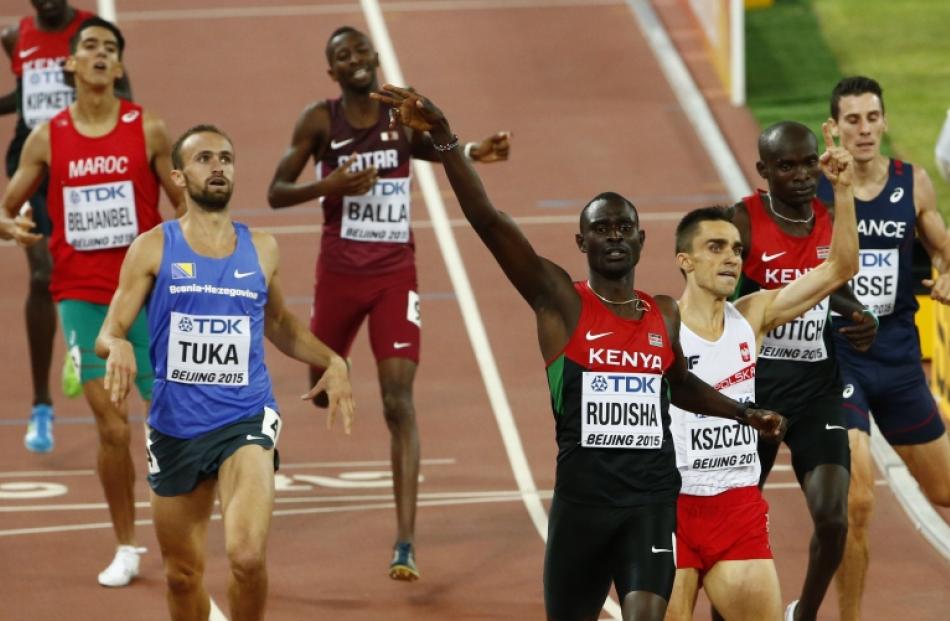 Kenya's David Rudisha (centre) celebrates winning the 800m final in Beijing. Photo: Reuters