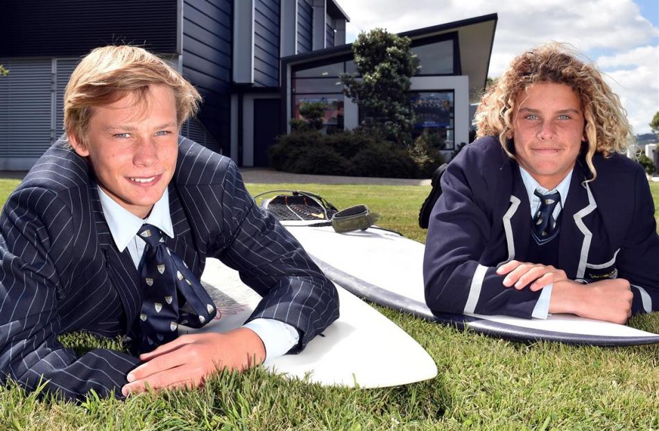 King’s High School surfers Jack McLeod, left, and Elliot Brown  have  a bright future. Photo by...